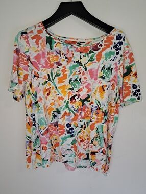 Chicos Top 2 US 12/14 Multicolor Formal Print Short Sleeve Scoop Neck